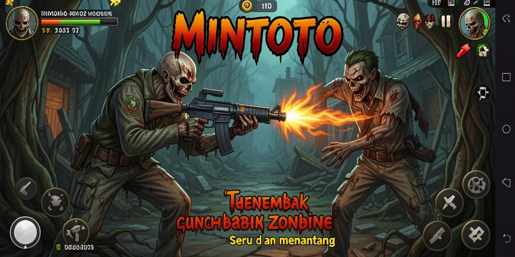 Antarmuka permainan MINTOTO yang menampilkan aksi tembak zombie yang intens.